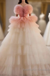 Romantic Pink Tulle Ball Gown Ombre Tiers Evening Prom Dresses